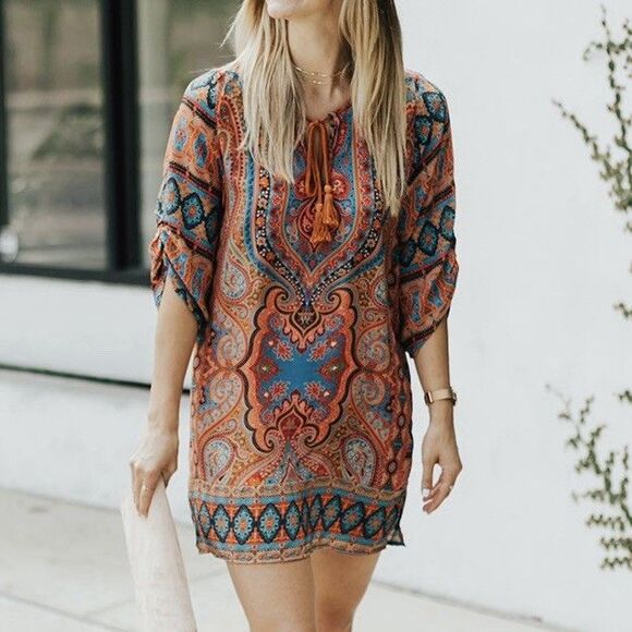 Tolani Boho Silk Tunic Dress Size M Vibrant Festival Hippie Tassels Cover Up - Picture 16 of 16